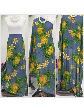Gray Yellow Pineapple Plumeria MAXI SARONG Kīkepa Pareo Beach Wrap Skirt